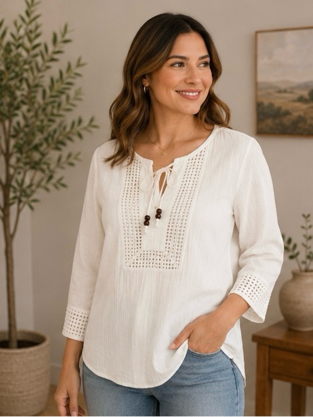 Chico’s White Embroidered Cotton Tunic Blouse Size 2 Boho 3/4 Sleeve Top